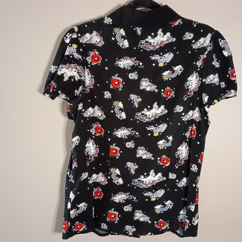 Hell Bunny Unicorn Rockabilly Shirt Black Rainbow & Star Pattern Size M NWT - Picture 8 of 13